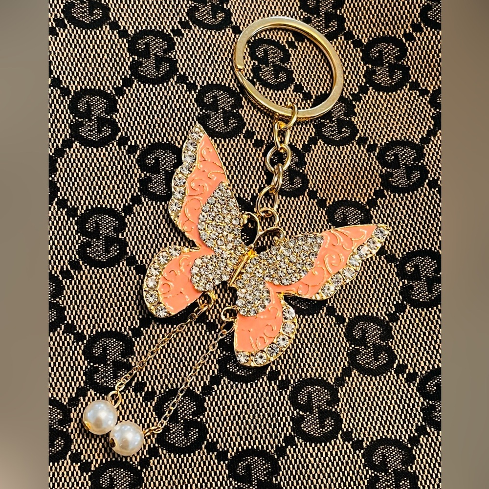 Butterfly Gold and Pearl Bag Charm Keychain with Pink Enamel & Shiny Rhinestones